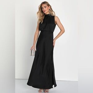 Lulus Classic Elegance Black Satin Sleeveless Mock Neck Maxi Dress